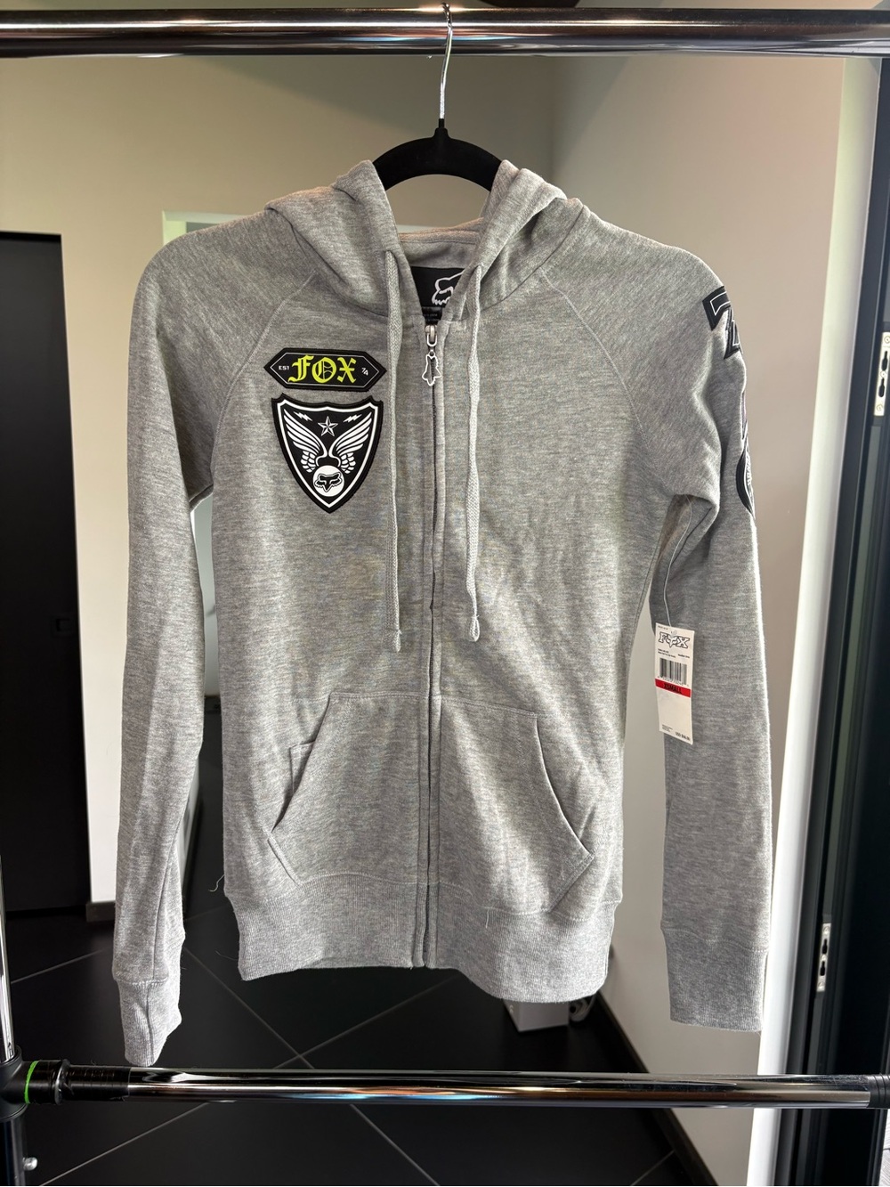Fox Gray Hooded Zip-Up Sweatshirt with Patch Details